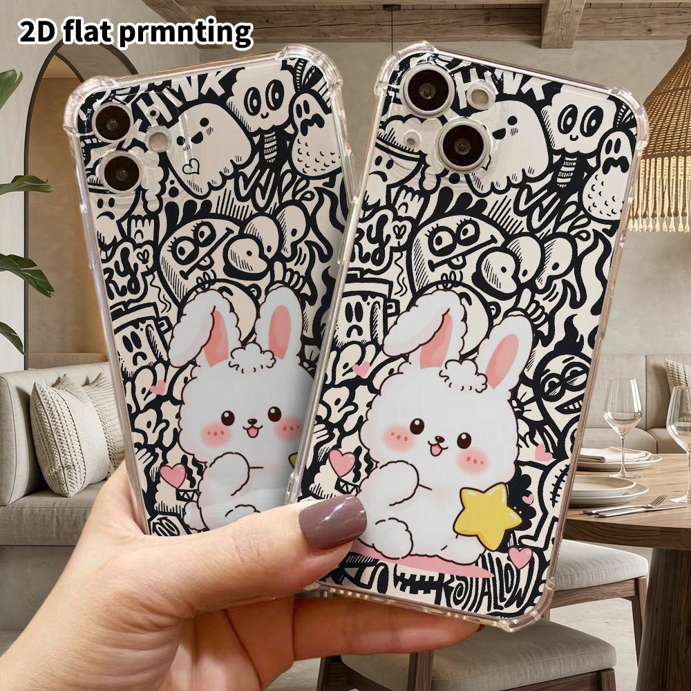 Phone case: 2D flat suitable for iPhone 18 17 16 15 14 13 Pro, transparent four corner protective case, star rabbit, Christmas and Halloween gifts