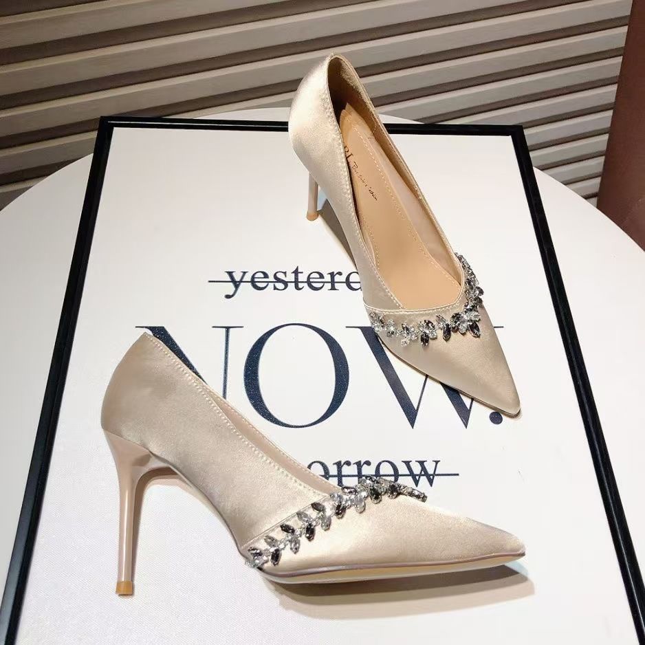 Light Mouth Black Single Shoes New Celebrity Temperament Dress Rhinestone High Heels Women's Banquet Pointed Stiletto