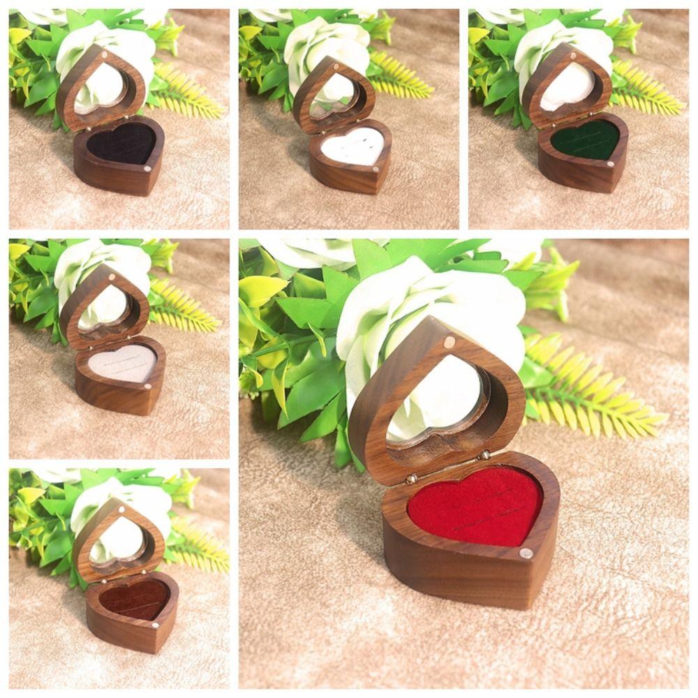 2 Slots Walnut Wood Rings Box Transparent Cover Rings Bearer Box Heart Rings Holder  Gifts