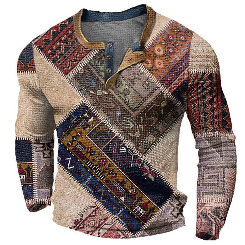 Vintage Men's Sweatshirts Patchwork 3D Printed Long Sleeve Henley Collar Tops Oversize Men Clothing Pullover