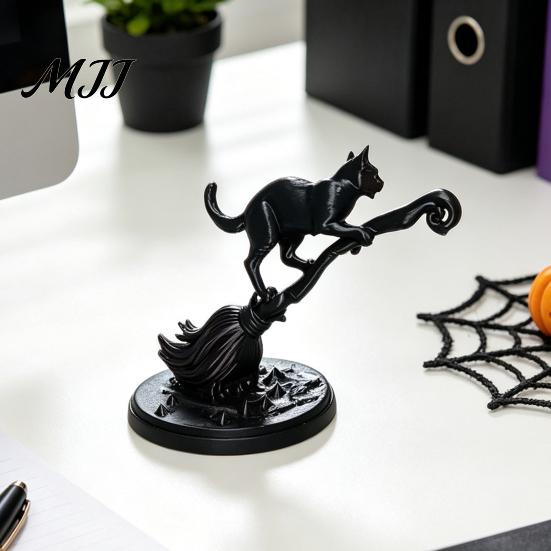 3D Printed Cat Statue Black on Witch Broom Figurine, Broomstick Statue, Halloween Miniature Decor Tabletop Ornament for Tiered Tray, Desk, Table