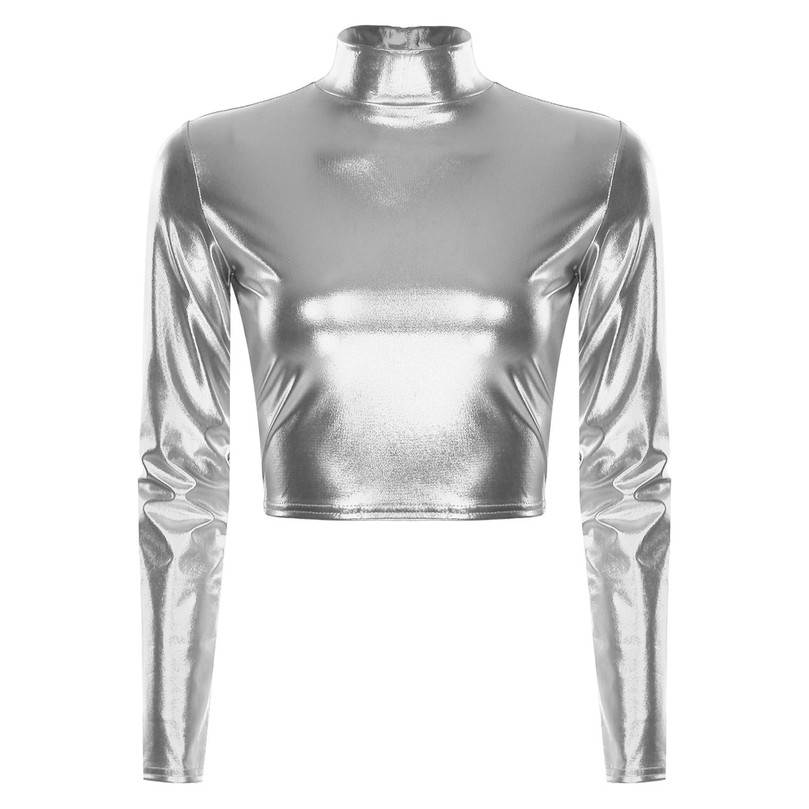 

Womens Mock Neck Long Sleeve Crop Top Metallic Shiny Glossy Solid Color Club Performance Top XXL срібний