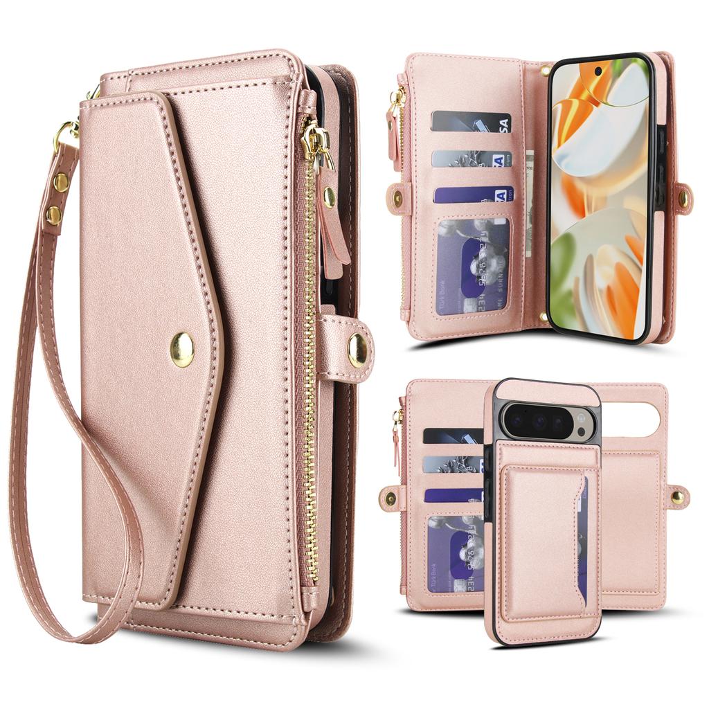 For Google Pixel 9 Pro XL Wallet Case Magnetic Detachable PU Leather Phone Cover with 2 Straps