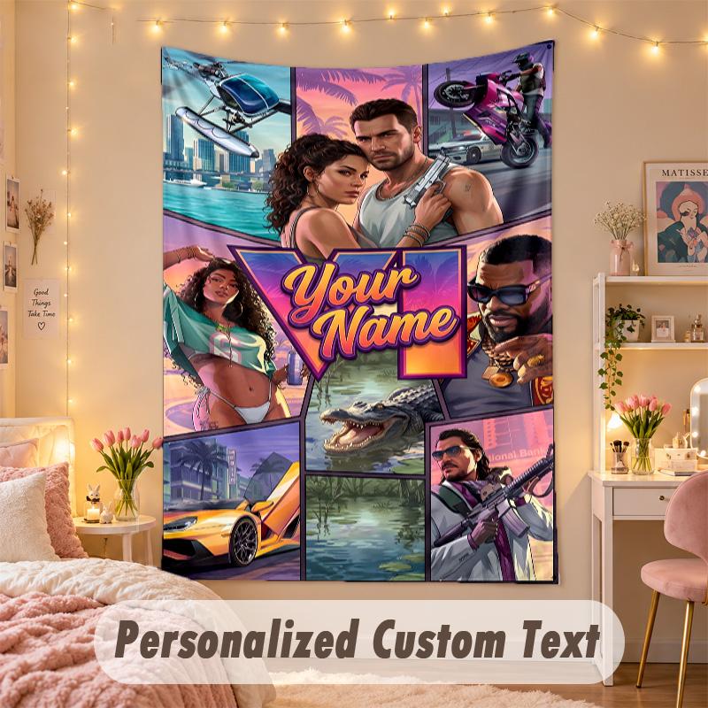 Custom Personalized Tapestry,GTA Print Custom Name Text Wall Art Hanging for Bedroom