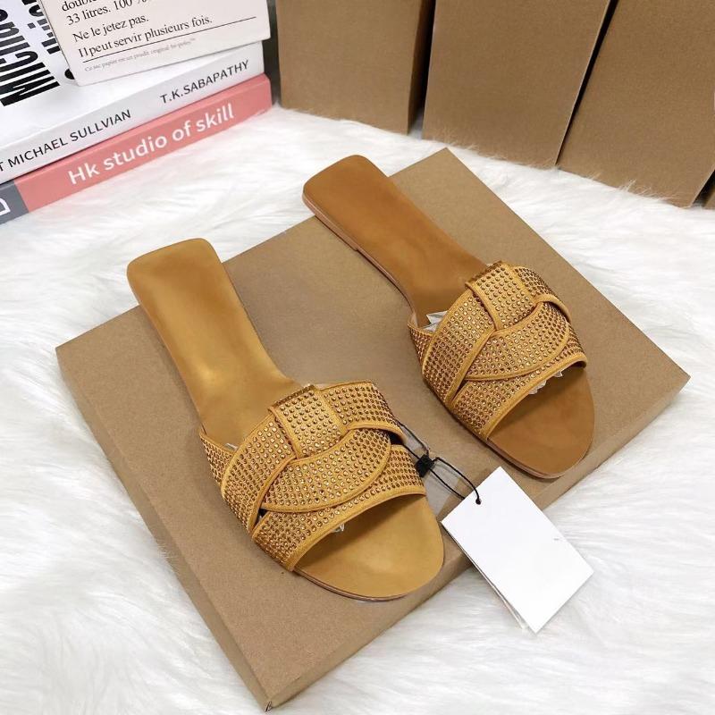 Fashion Brand Designer 2024 Summer Flat Women's Slippers Shining Diamond Decoration Open Toe Beach Shoes Outdoor Walk Ladies Slides