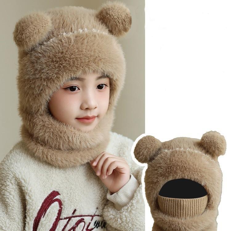 Kids Plush Scarf Pullover Cap Winter Warm Ear Protection Hat Children One-Piece Beanie Baby Velvet Neckerchief Headgear