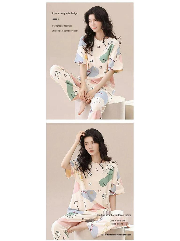 Women's Korean Style Cartoon Pajama Set - Short Sleeve, Long Pants, Plus Size, Casual Homewear
