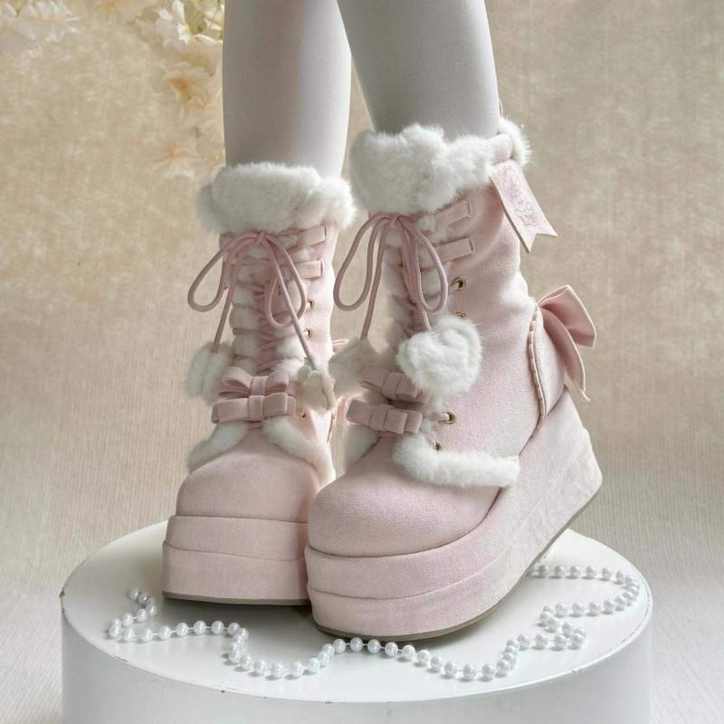 Cute Fluffy Lolita Winter Warm Fleece-Lined Platform Snow Boots Women Sweet Style Black Pink Blue