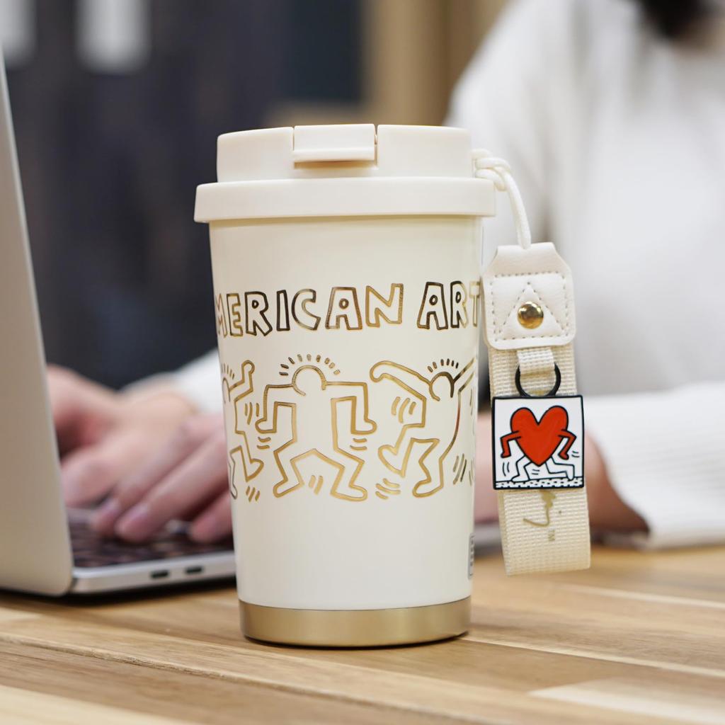 GERM X Keith Haring Coffee Tumbler 390ml Vacuum Insulated Mug Made of 316 Stainless with Lid and Keeps Warm and Dishwasher Great Gift Steel,
