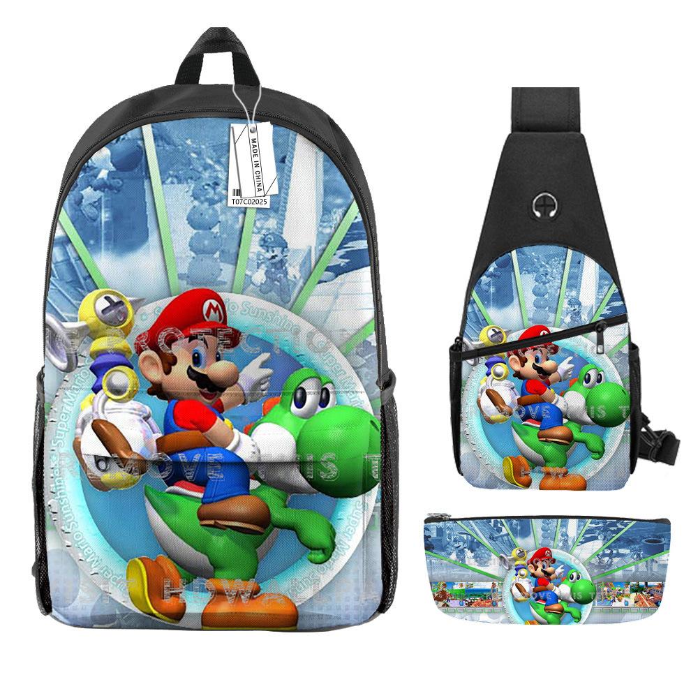 Animation Backpack, Super Mary Primary School Student Print Children'S Backpack Satchel Pencil Case Three-Piece Set