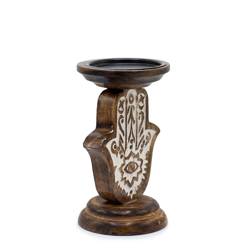Hamsa Candle Holder Mango Wood, Small 18x11cm