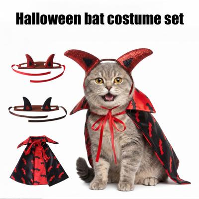 1 Set Gothic Devil Pet Clothes, Adjustable Devil Horn Headband Bat Print Cloak, Halloween Dog Devil Costume Set for Cats Dogs Party Outfit Cosplay