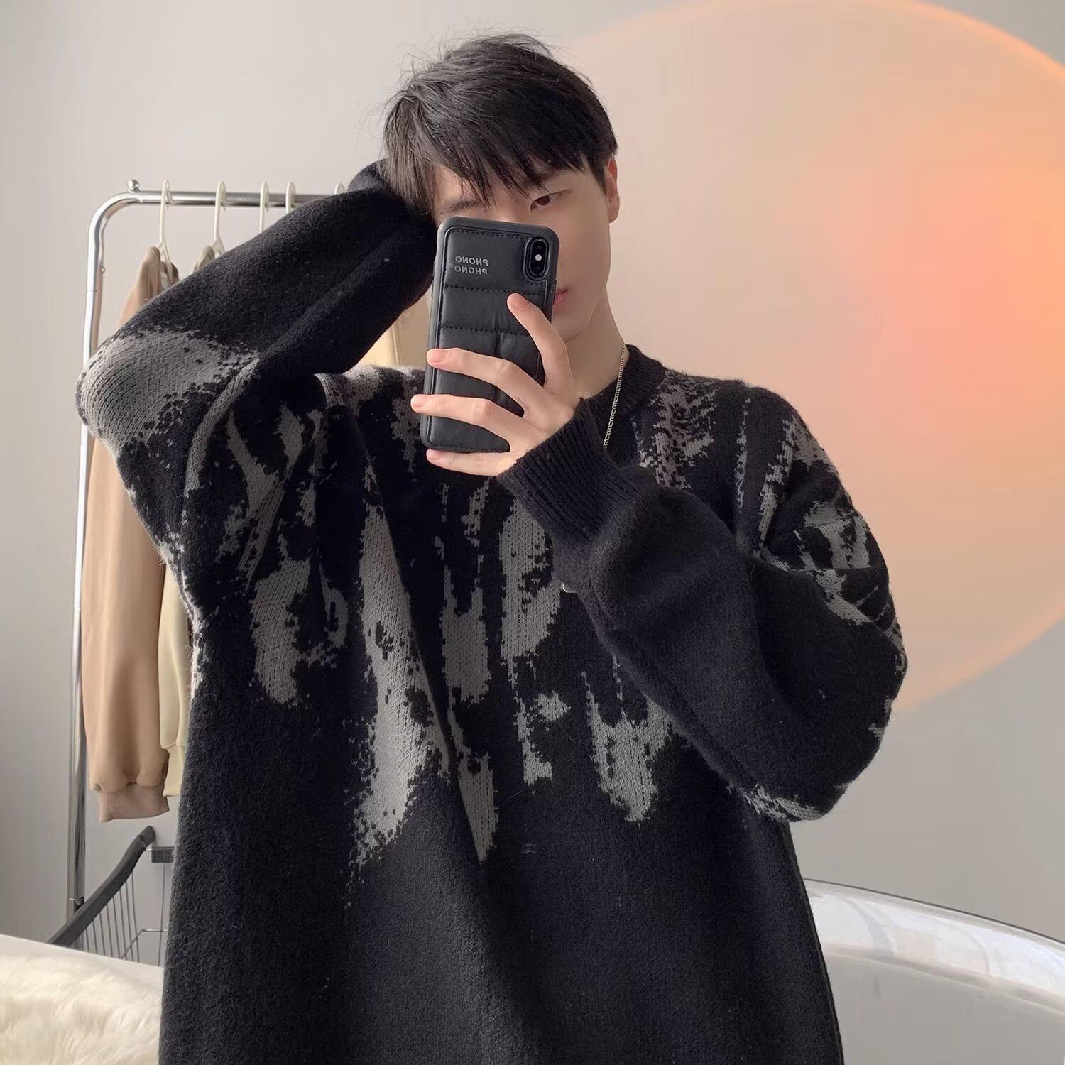 

Мужской свитер с круглым вырезом в японском стиле с узором тай-дай 2024 года, осень/зима — универсальная свободная вязка для пар 2X-Large чёрный