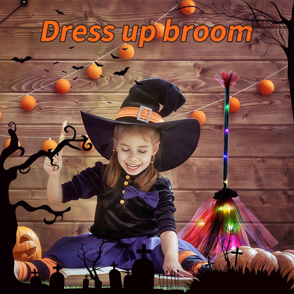Halloween Witch Broom LED Illuminated Mount Broom Lightweight Mesh Broom Props Holiday Decor Cosplay Accessories