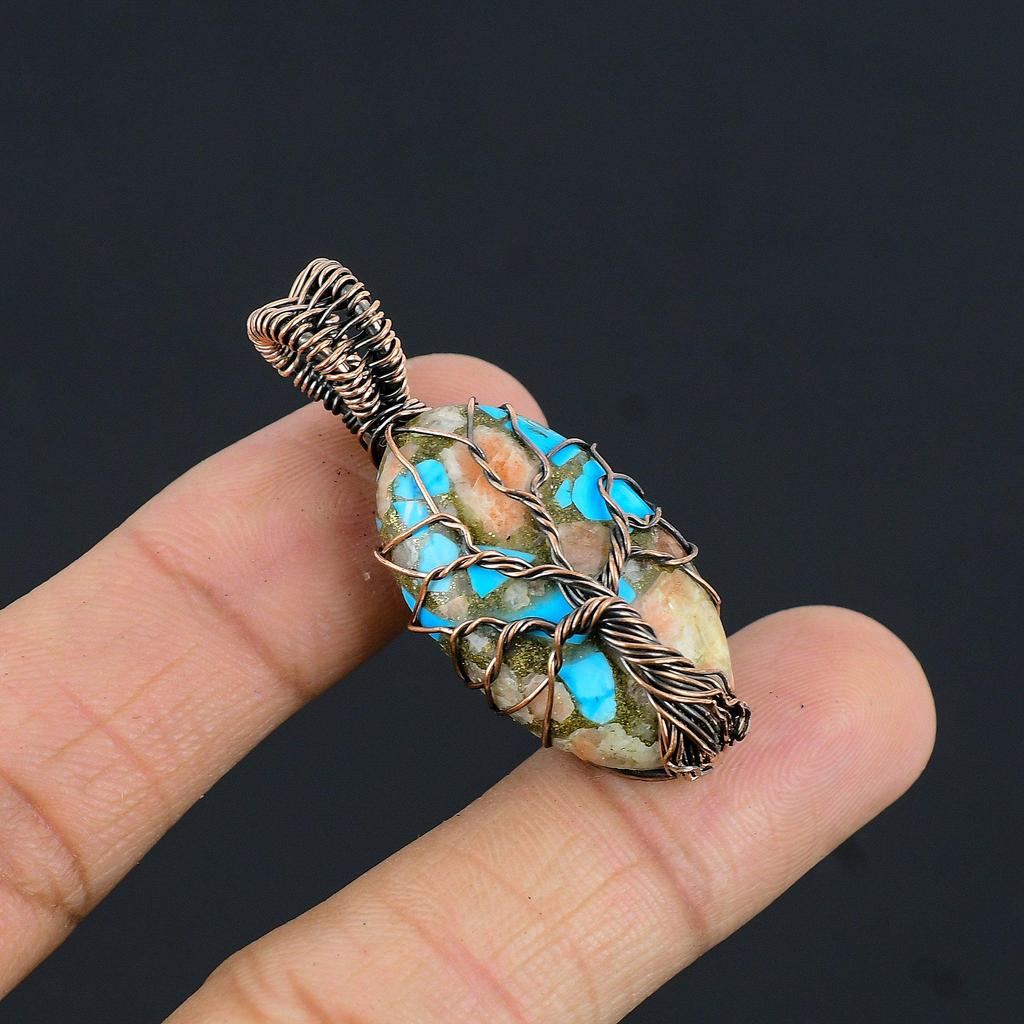 Blue Copper Turquoise Pendant, 999 Copper Wire Wrapped Pendant Handmade Gemstone Jewelry, Gifts For Wife Brand New Pendant