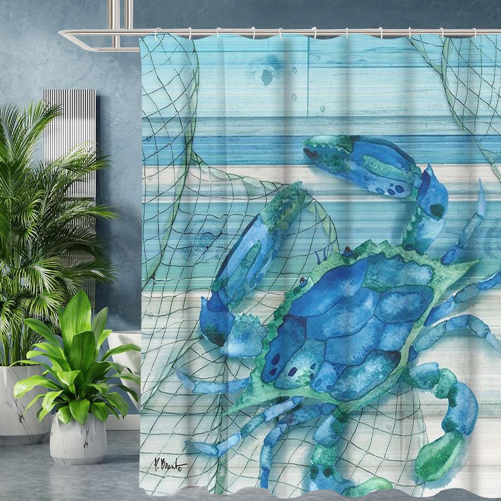 Crab Turtle Fishes Pattern Bathing Curtain  Bathroom Shower Curtain Waterproof With 12 Hooks Home Deco Free Ship