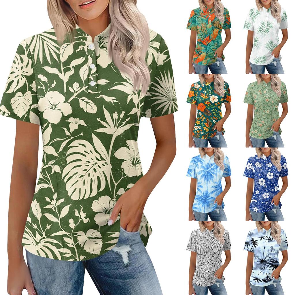 Women's Casual Polo Collar Short Sleeve Top Loose Fit Tropical Leaf Floral Print Shirt Summer Lightweight Blouse