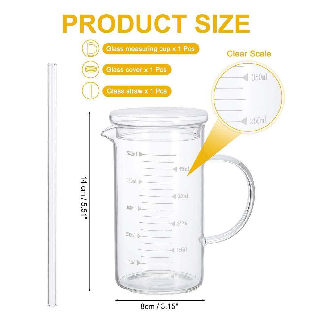 PATIKIL 500ml Glass Measuring Cup, Borosilicate Glass Beaker, Graduated Liquid Measuring Cup, Glass Lid with Straw, V-shaped Spout, for Kitchen and