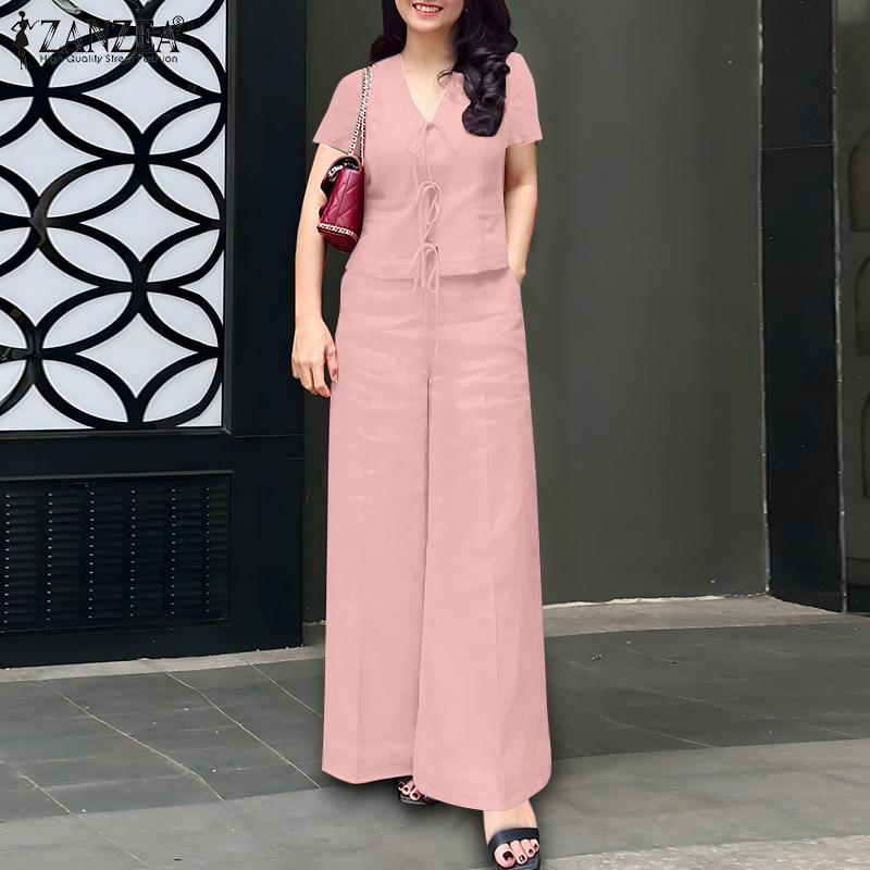 ZANZEA Women Casual Short Sleeve Blouse and Pants Casual Two Piece Suit Sets