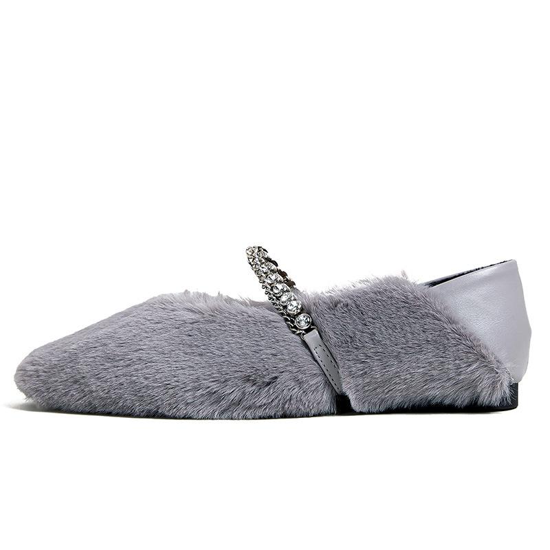 Fashion Rhinestone Chains Mink Fur Flat Shoes for Woman Square Toe Warm Plush Moccasins Crystal Band Furry Slip On Loafers Big Size 43