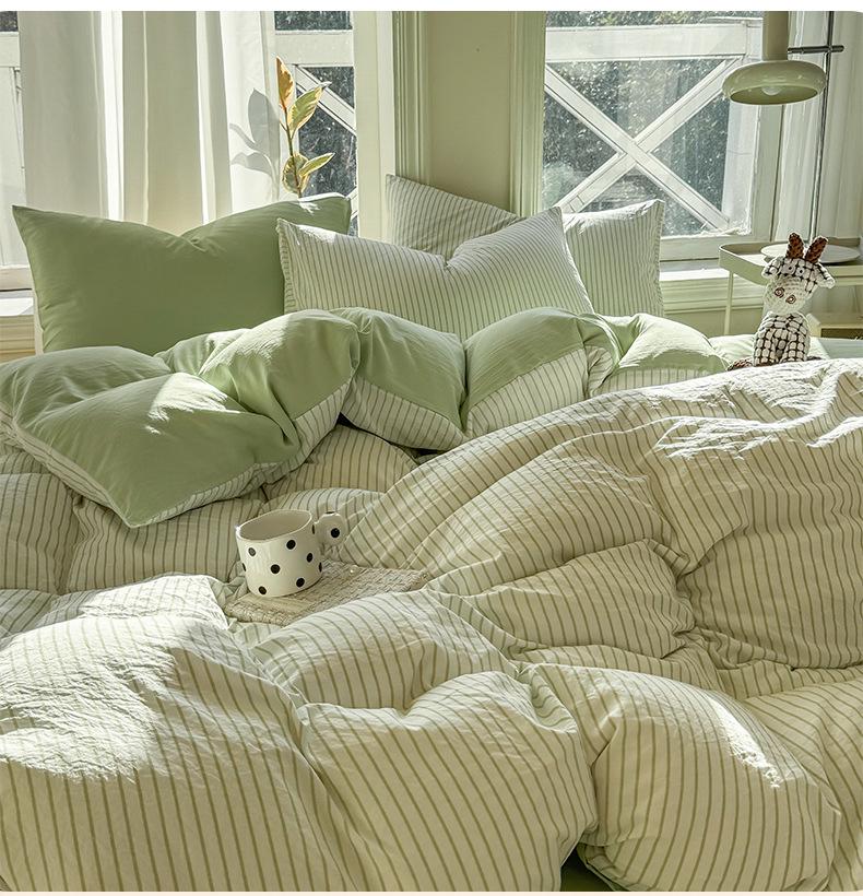 Ins Style Cotton Brushed Stripe Bedding Set: Skin-Friendly Bed Sheet, Duvet Cover, and Bed Skirt for Student Dorms