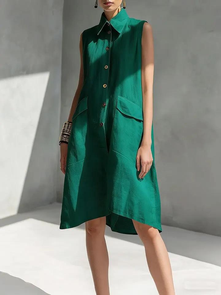 New 2026 European Summer Solid Color Sleeveless Cotton Linen Lapel Dress