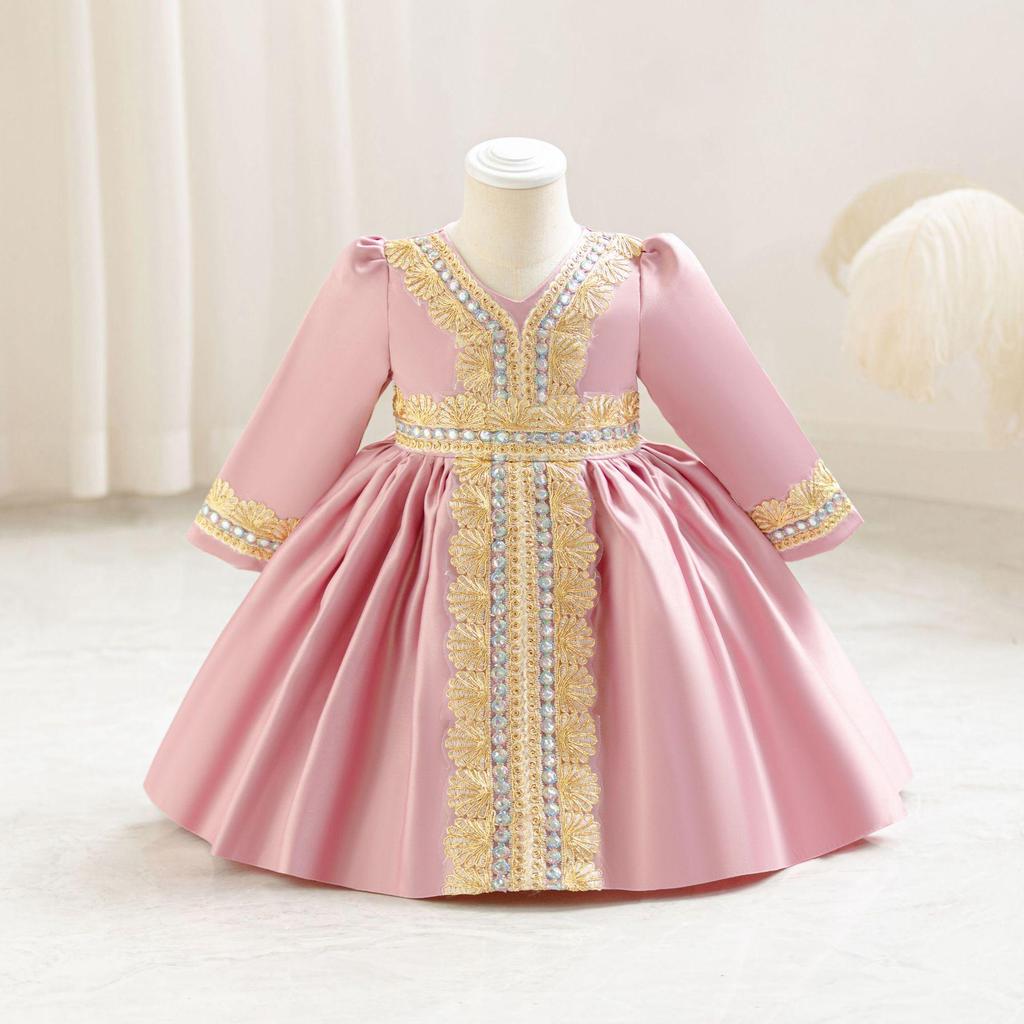 Girls' European & American Floral Princess Evening Dresses: Long Sleeve Banquet Performance Attire