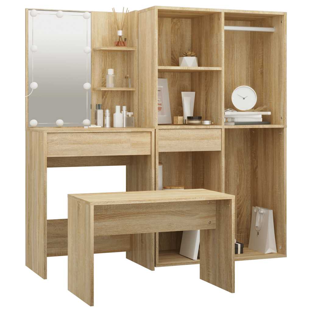 Vanity Table Set with LED Sonoma Oak Engineered Wood