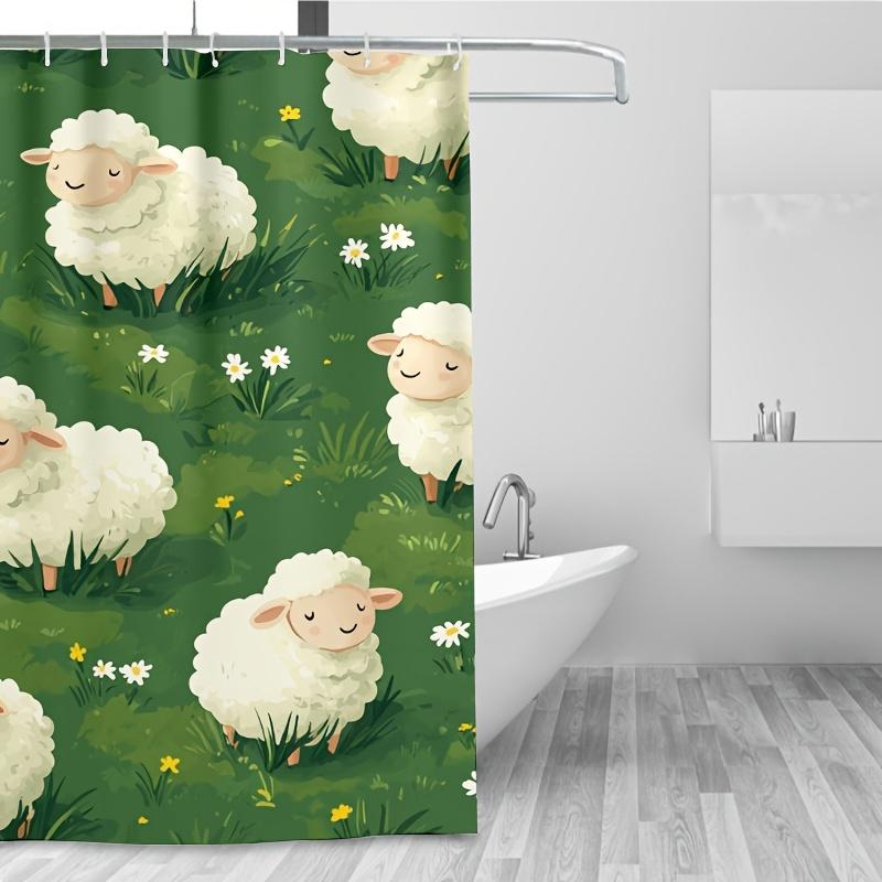 1pc Sheep Shower Curtain - Cartoon Sheep & Daisies, 71x71 Inch, Polyester, 12 Hooks, Hand Wash, Summer Bathroom Decor