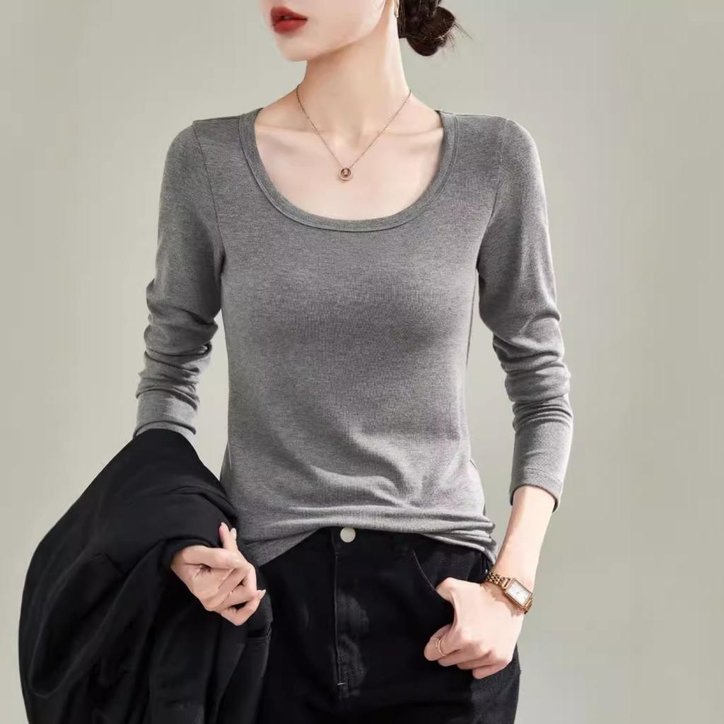 DeRong Spring and Autumn Base Shirt 2026 New Model U-Neck Slim Fit Long Sleeve T-Shirt Commuting Inner Layer Top for Women