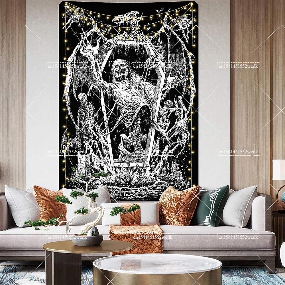 

Гобелен с изображением черепа в готическом стиле, дьявольские сатанинские гобелены, настенные гобелены со скелетом в виде крыла летучей мыши для спальни, эстетическое украшение дома 200X150CM 80x60in