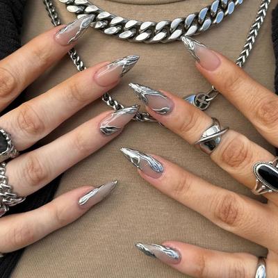 24PCS Simple French Almond Press On Nails with Glue Metallic Silver Pattern Fake Nails Artificial Detachable False Nail Tips Art