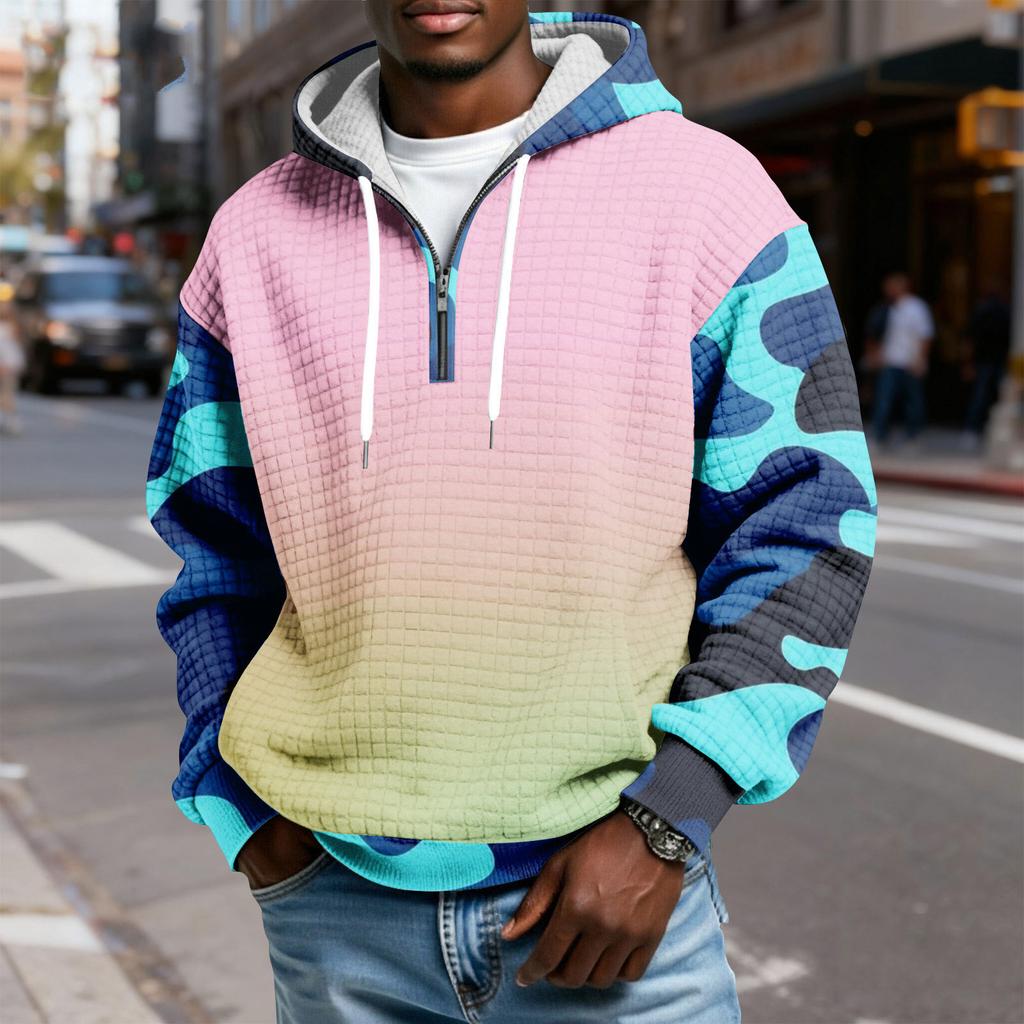 Sudadera Deportiva Casual para Hombre con Capucha y Media Cremallera a Cuadros con Cordón y Estampado