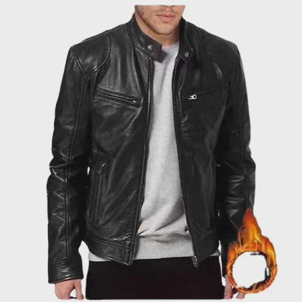 Men's Winter Slim-Fit Stand Collar PU Leather Motorcycle Jacket with Velvet Lining