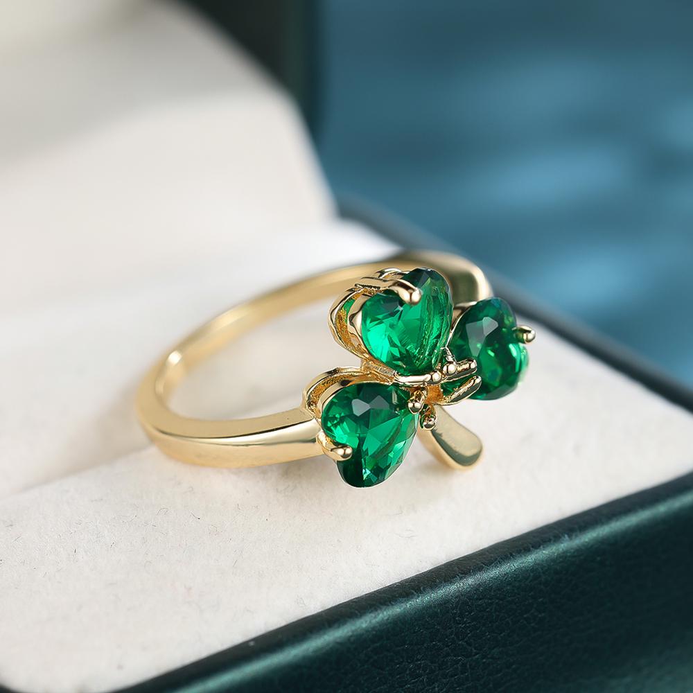 Fashion Green Crystal Three-leaf Clover Ring for Women Girls Gold Color Lucky Rings Wedding Party Jewelry Gift