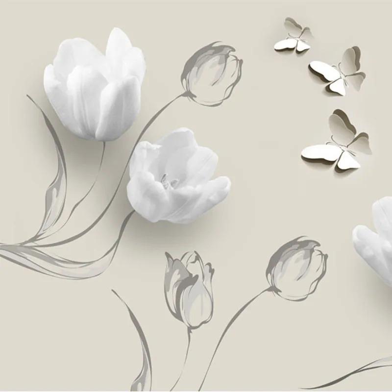 Papel Tapiz Moderno 3D Estéreo Tulipán Mariposa Flores Mural de Pared Moda Sala de Estar Decoración del Hogar Papeles de Pared Para 3D