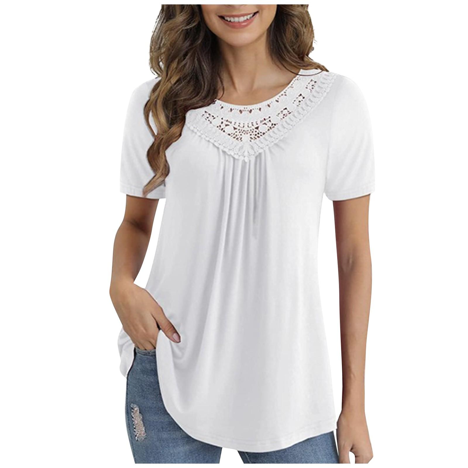 

Женский топ больших размеров, однотонный кружевной топ с круглым вырезом и короткими рукавами L белый