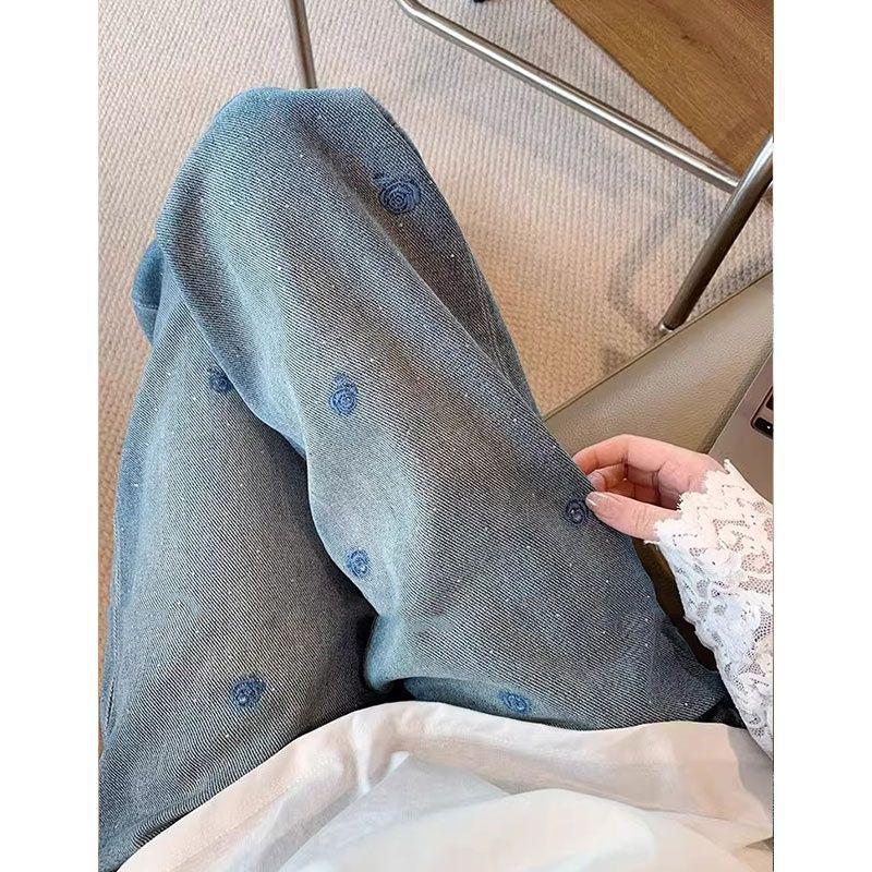 Women's Blue Rhinestone Embroidered Denim Wide-Leg Jeans - Plus Size, High Waist, Slimming, Casual, Versatile, Spring Collection.