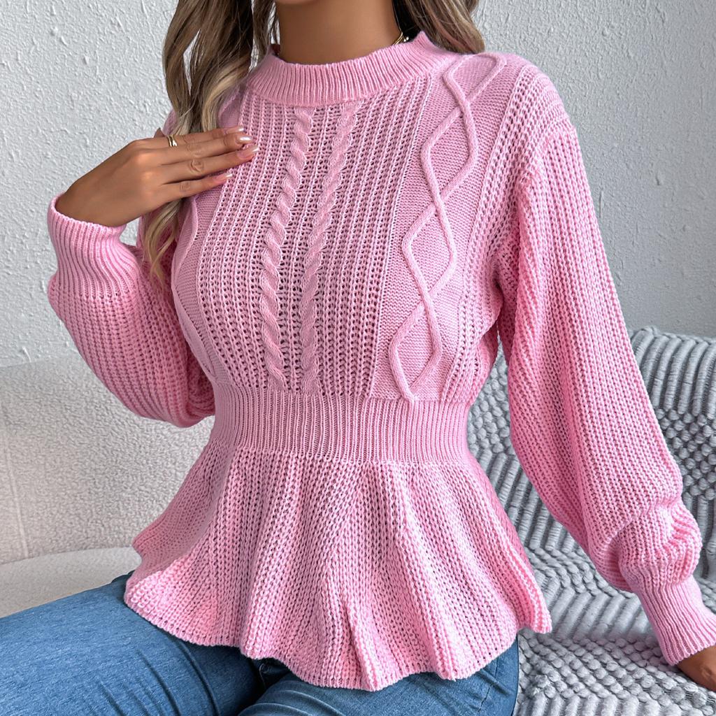 QICED Autumn and Winter Solid-color Braided Waist-cinched Ruffled Long-sleeved Pullover Sweater for Women