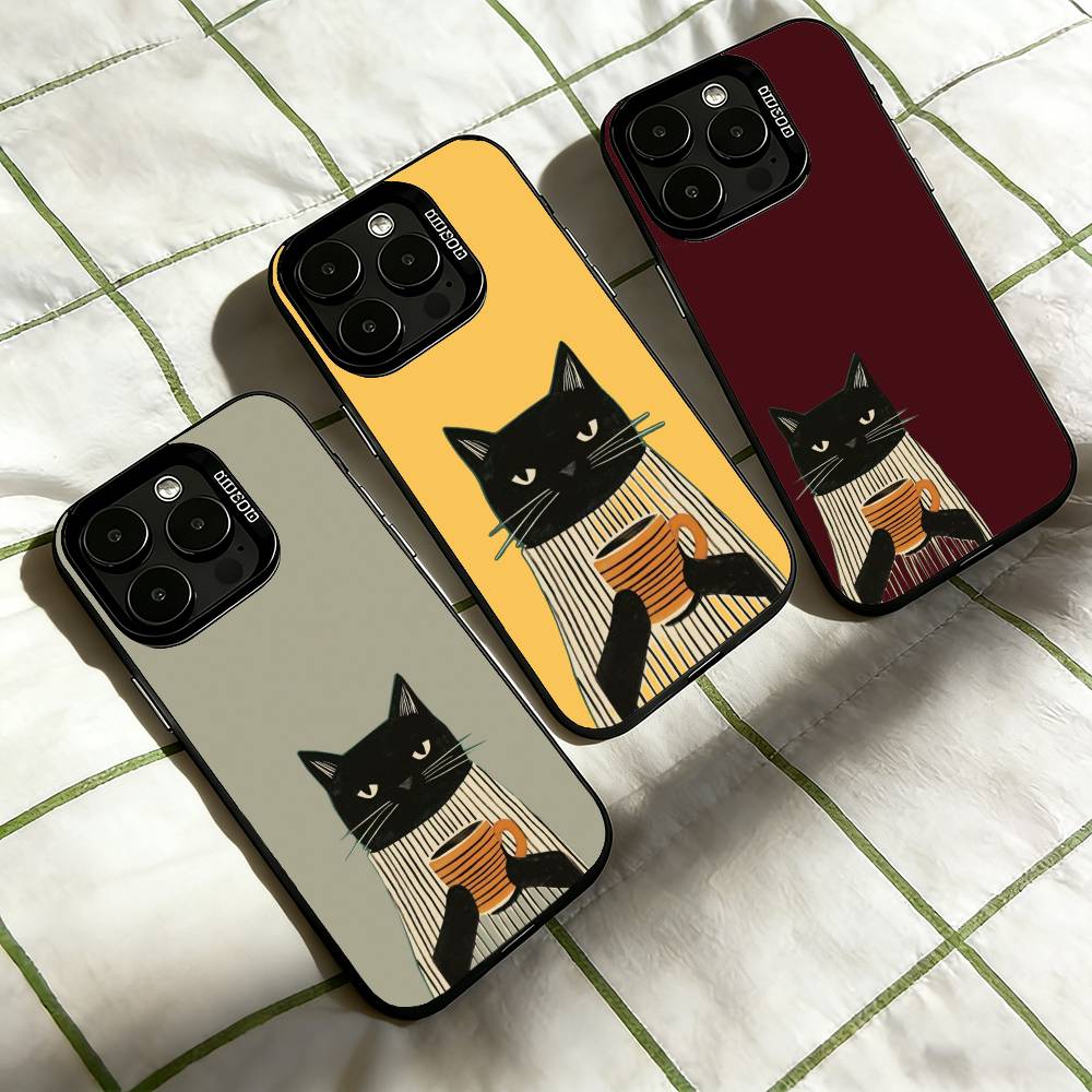 The Lazy Cat with Coffee Phone Case For iPhone 17,16,15,14,13,12,11 Plus,Pro Max,XS,Colorful Silver Black Cover