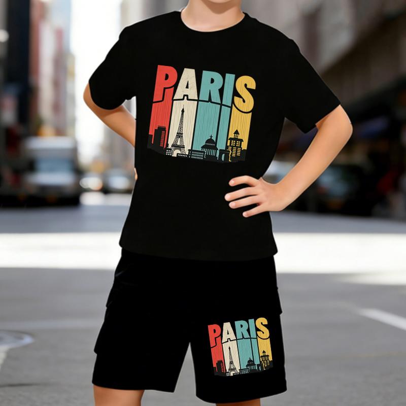 

Boys 2 Piece Paris Impression Themed Print outfit, Short Sleeve T-Shirt and Shorts Set for Kids Age 5-14,Black ,White Sporty Casual Summer Clothes 5-6 Years чёрный
