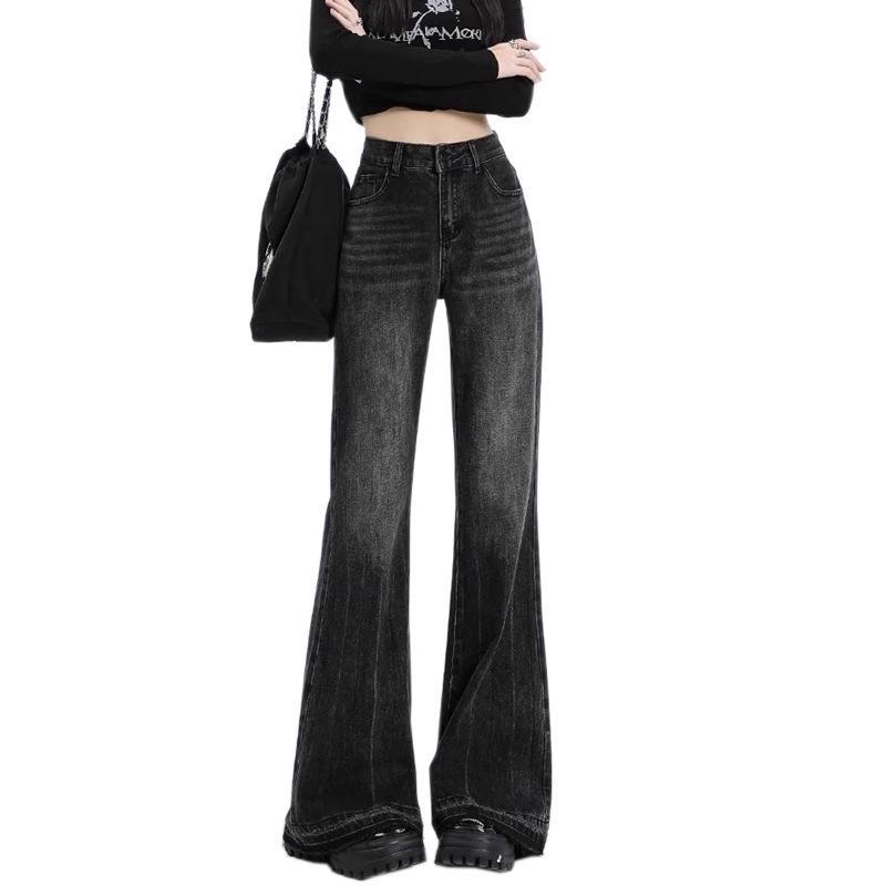 Plus Size Women's High Waist Straight Leg Jeans In Black/Grey: Loose Fit, Slimming, Raw Hem, Bootcut, Flared Long Pants.