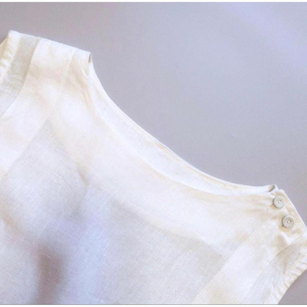 Used PAR ICI 100% Linen Tucked Sleeveless Dress Gathered White