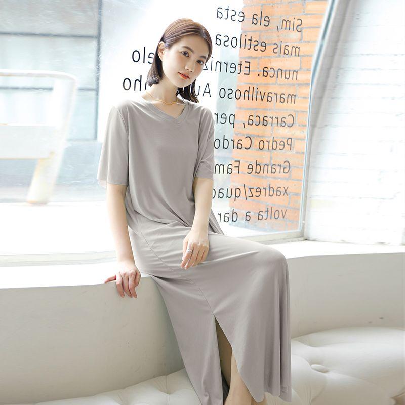Modal Loose Nightdress Women's Summer Home Thin Casual Dress Ice Silk plus Size Slim Looking Short Sleeve Dress
