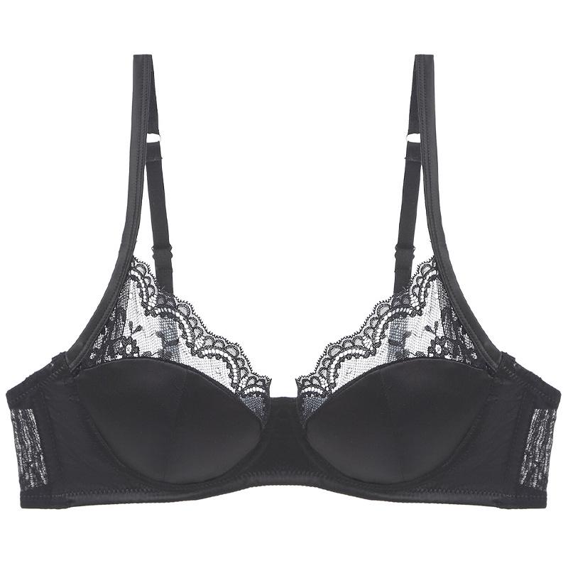 

Европейский и американский сексуальный французский сатиновый кружевной бюстгальтер - Утягивающий, Предотвращающий провисание, Пуш-ап дизайн M чёрный
