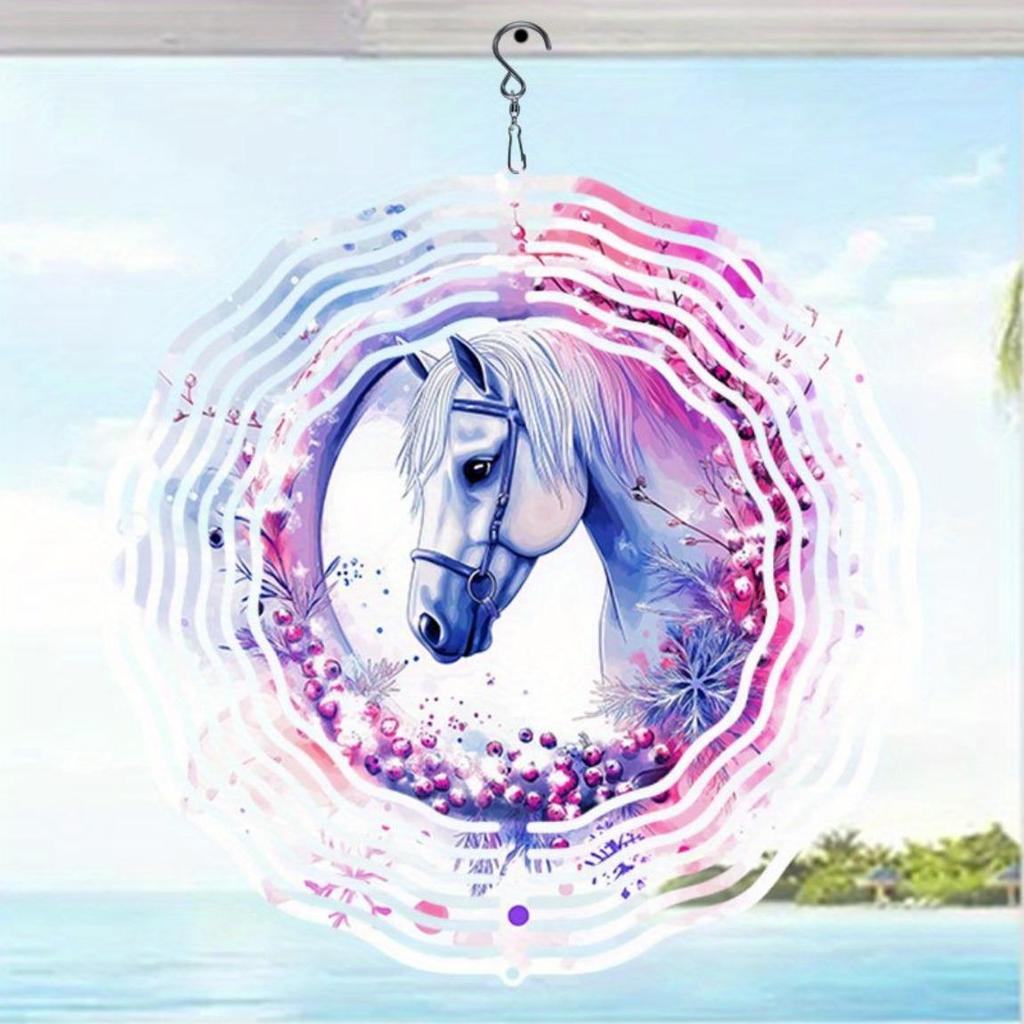 Western Cowboy Horse Metal Wind Chime Outdoor Garden Decor with Pink Purple Floral Design Durable Hanging Ornament for Patio Porch Fence