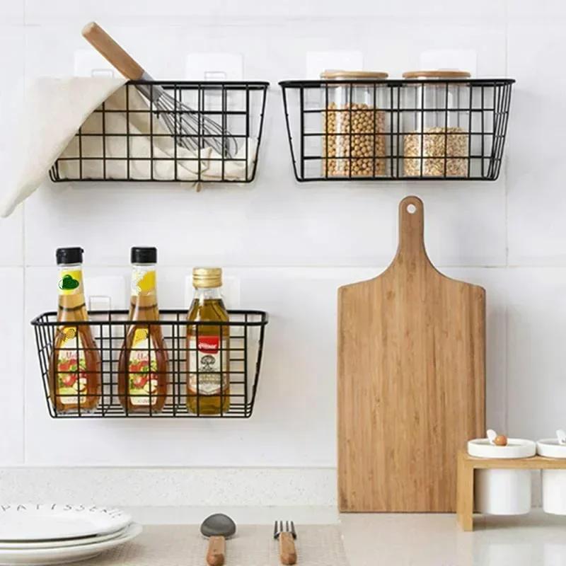 New Household Storage Wrought Iron Kitchen Seasoning Storage Basket Basket Rectangular Storage Box Wall Hanging Rack Accessories