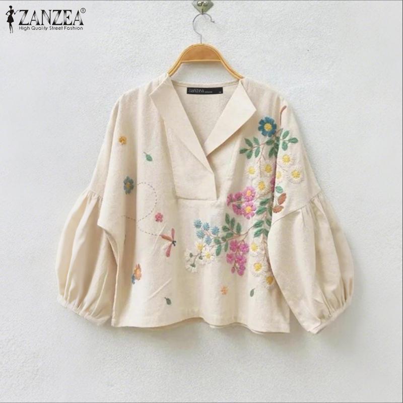 ZANZEA Women Casual V-Neck Loose Long Sleeve Floral Blouse