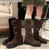 Frosted~ Soft leather boots women's 2025 autumn new belt buckle knight boots but knee two wear tall boots