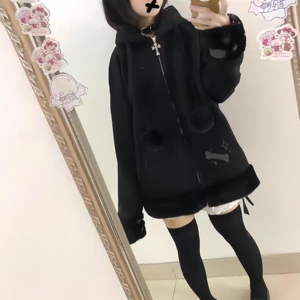 [SDSXZWG] Women's Cat Ear Hoodie, Cute, Subculture Style, Mass-Produced Type, Long Sleeved, Fleece Lined, Thick, Warm, Pockets, Hooded, Y2K Checkered